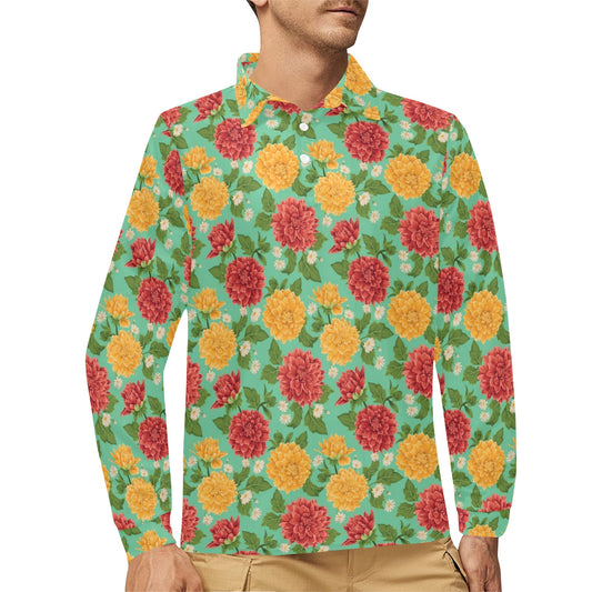 Dahlia Pattern Print Design DH011 Long Sleeve Polo Shirt For Men's