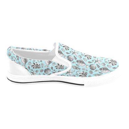 Seashell Beach Print Design LKS302 White Slip Ons Canvas Women's Shoes