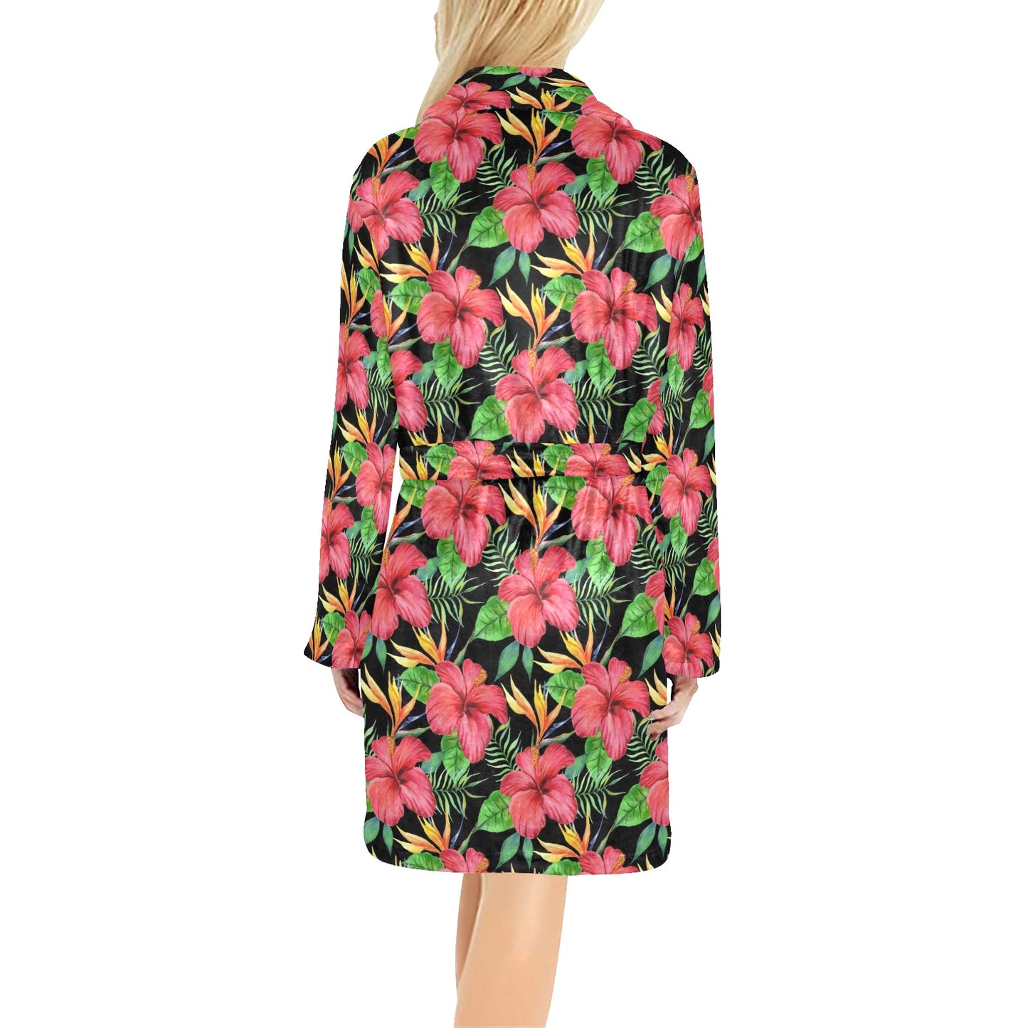 Red Hibiscus Pattern Print Design HB07 Women's Fleece Robe