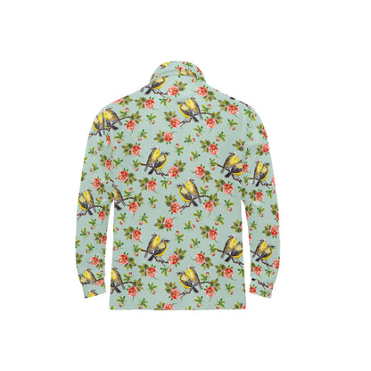 Bird with Red Flower Print Pattern Long Sleeve Polo Shirt For Men's
