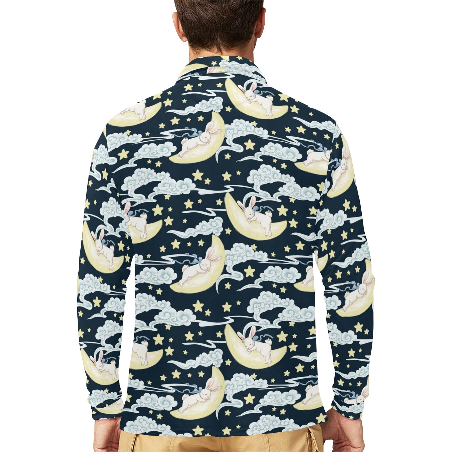 Rabbit Sleeping Pattern Print Design RB08 Long Sleeve Polo Shirt For Men's