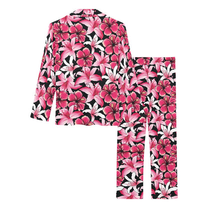 Flower Hawaiian Pink Red Hibiscus Print Women's Long Pajama Set