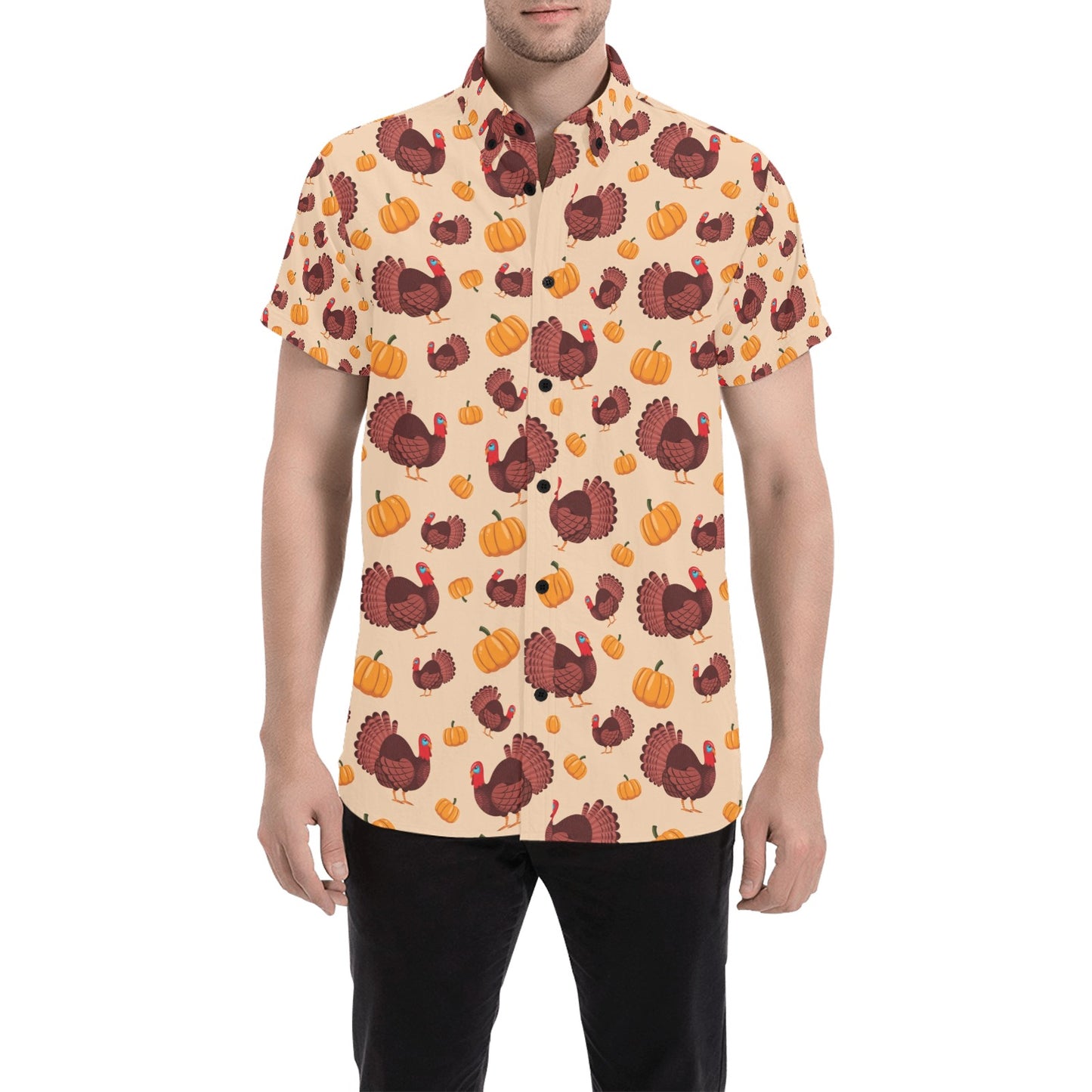 Thanksgiving Print Design LKS308 Men Short Sleeve Button Up Shirt