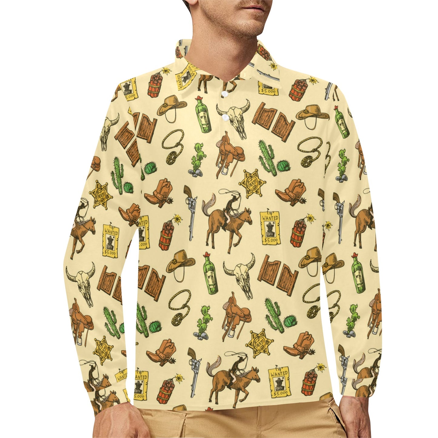 Cowboy Pattern Print Design 04 Long Sleeve Polo Shirt For Men's