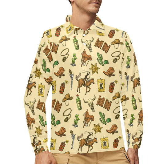 Cowboy Pattern Print Design 04 Long Sleeve Polo Shirt For Men's