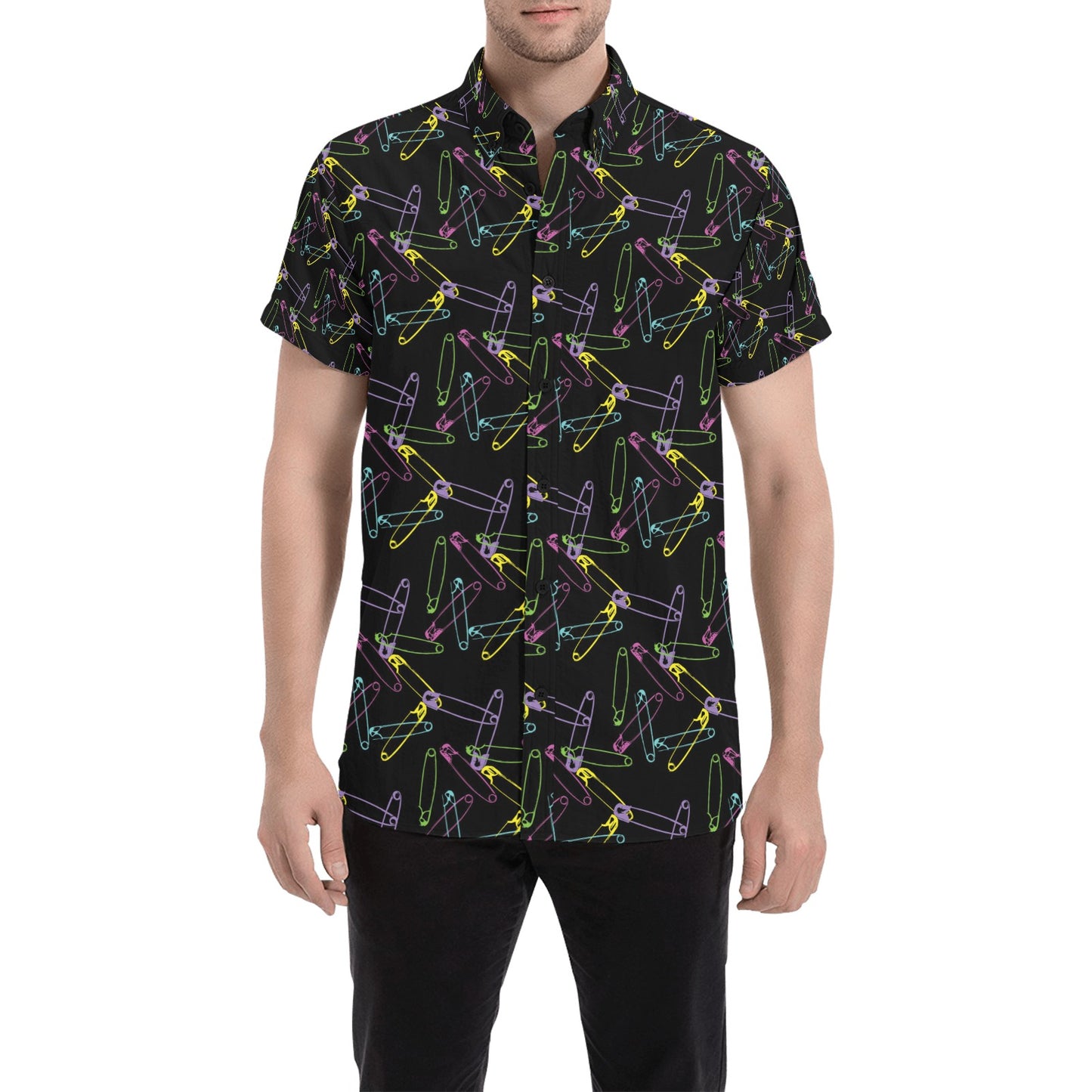 Safety Pin Print Design LKS304 Men Short Sleeve Button Up Shirt