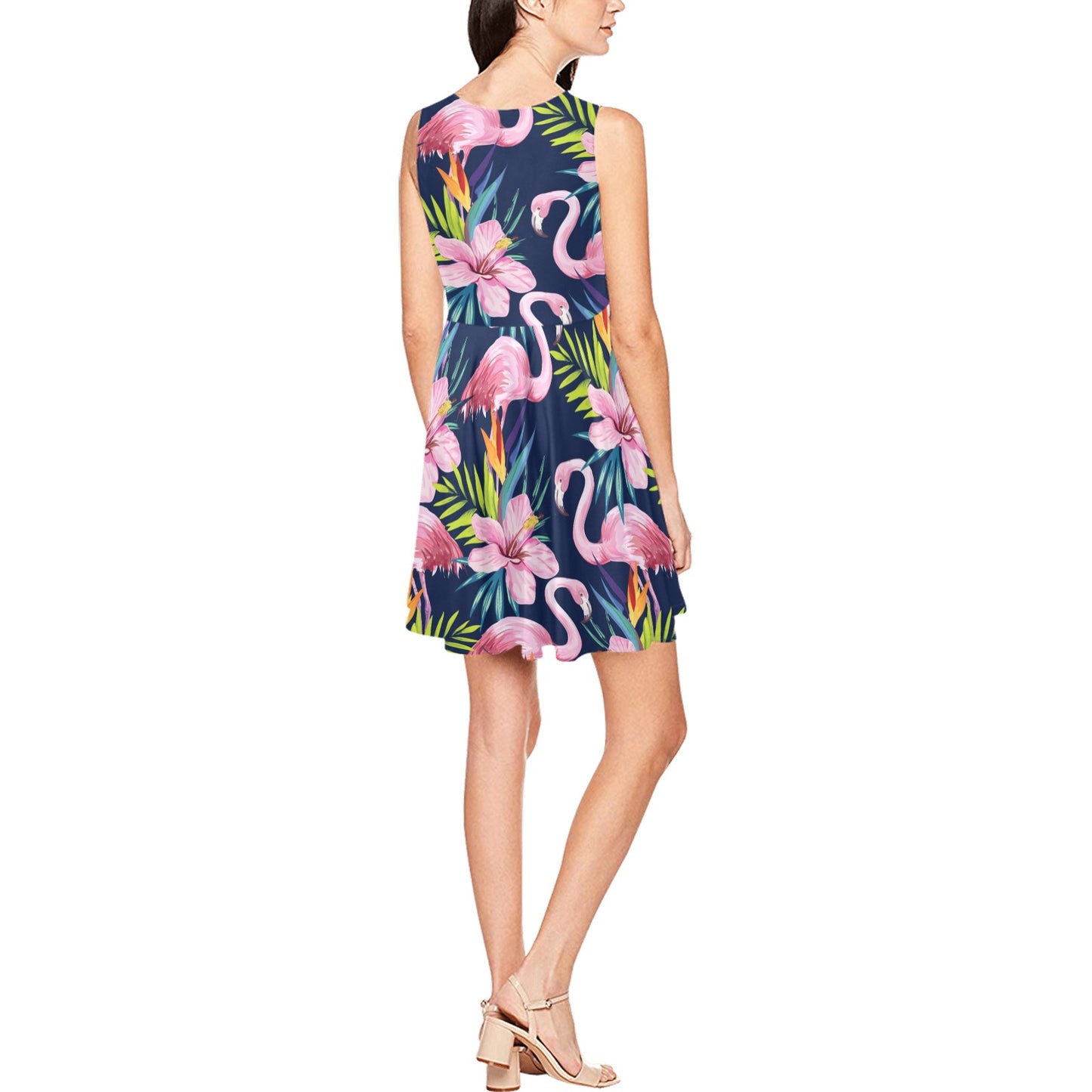 Flamingo Hibiscus Print Sleeveless Dress