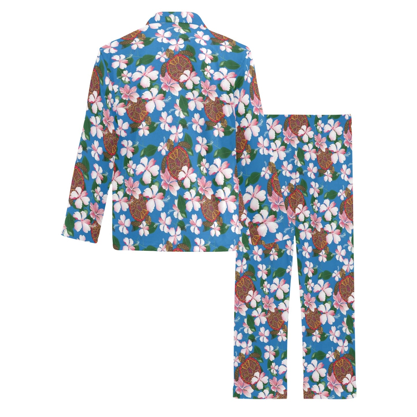 Sea Turtle Pink Hibiscus Hawaiian Print Men's Long Pajama Set