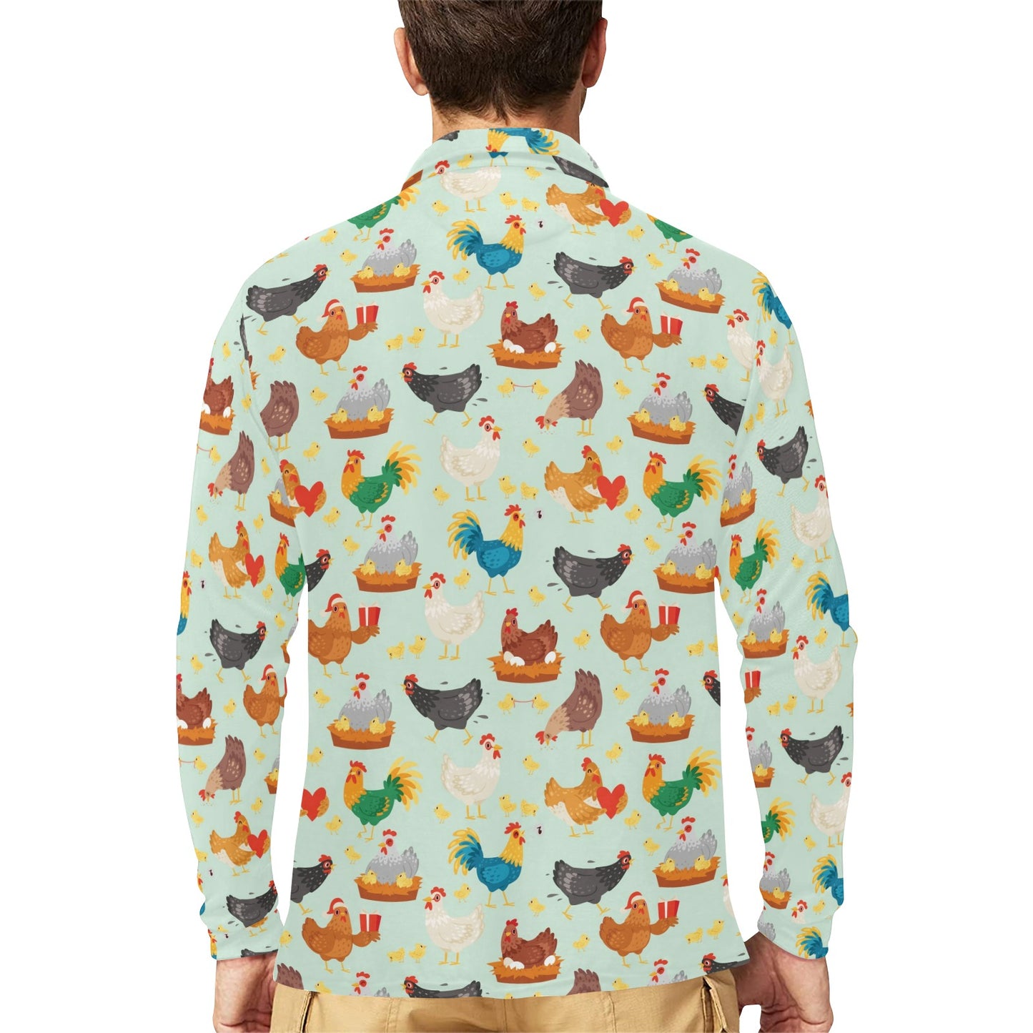 Chicken Pattern Print Design 07 Long Sleeve Polo Shirt For Men's