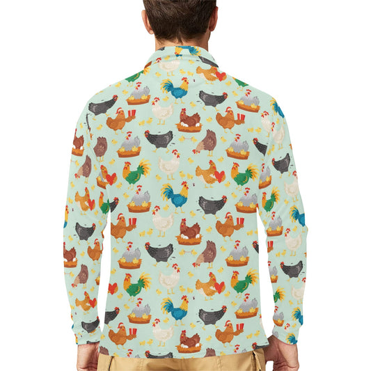 Chicken Pattern Print Design 07 Long Sleeve Polo Shirt For Men's