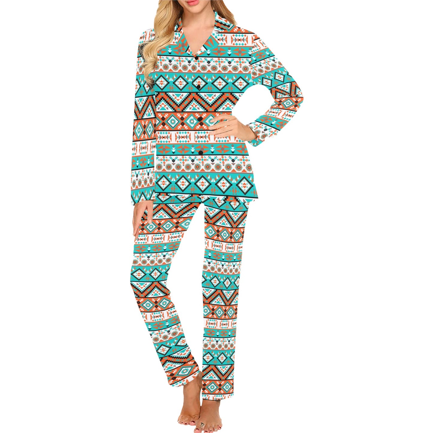 Navajo Style Print Pattern Women's Long Pajama Set