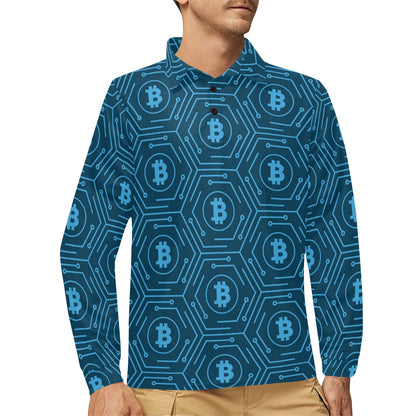 Cryptocurrency Pattern Print Design 04 Long Sleeve Polo Shirt For Men's