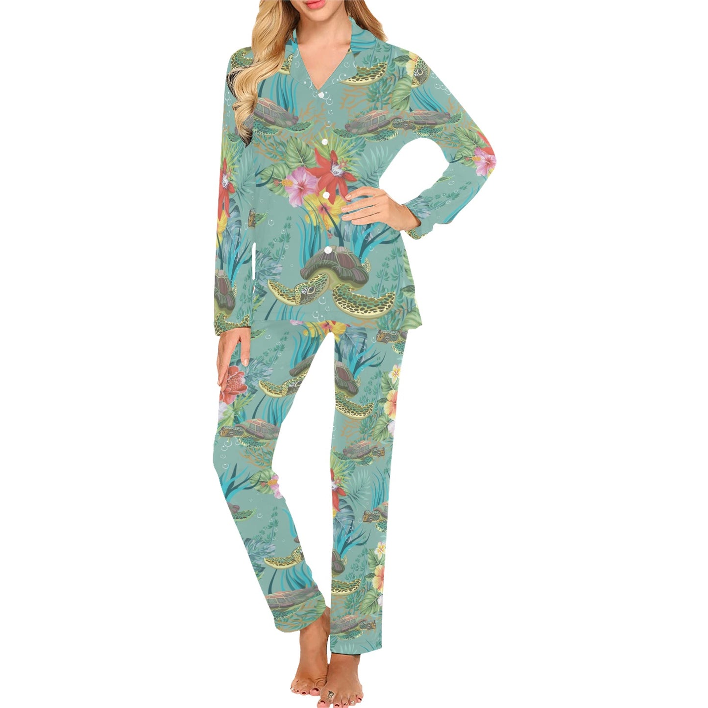 Sea Turtle Pattern Print Design T012 Women's Long Pajama Set
