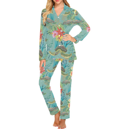 Sea Turtle Pattern Print Design T012 Women's Long Pajama Set