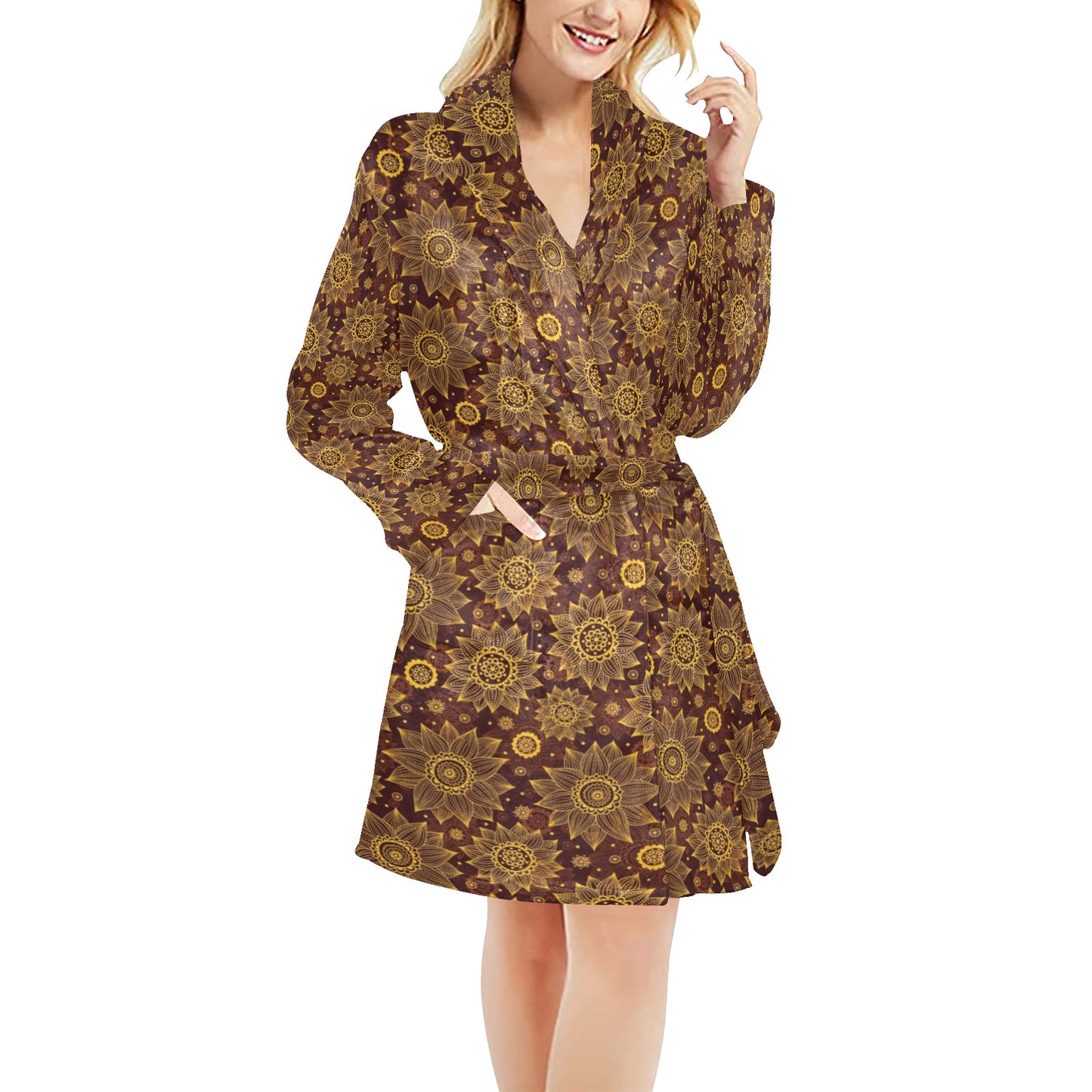Gold Sunflower Hand Drawn Print Women's Fleece Robe