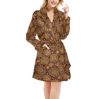 Gold Sunflower Hand Drawn Print Women's Fleece Robe