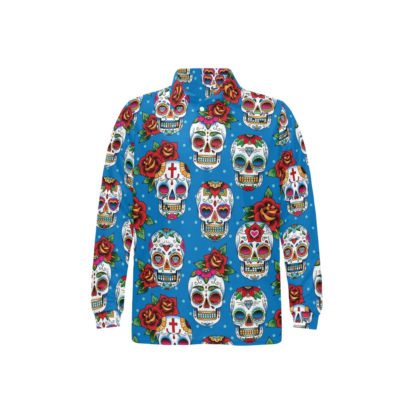 Sugar Skull Rose Pattern Long Sleeve Polo Shirt For Men's
