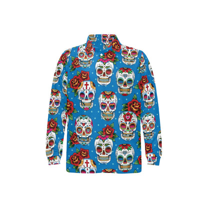 Sugar Skull Rose Pattern Long Sleeve Polo Shirt For Men's