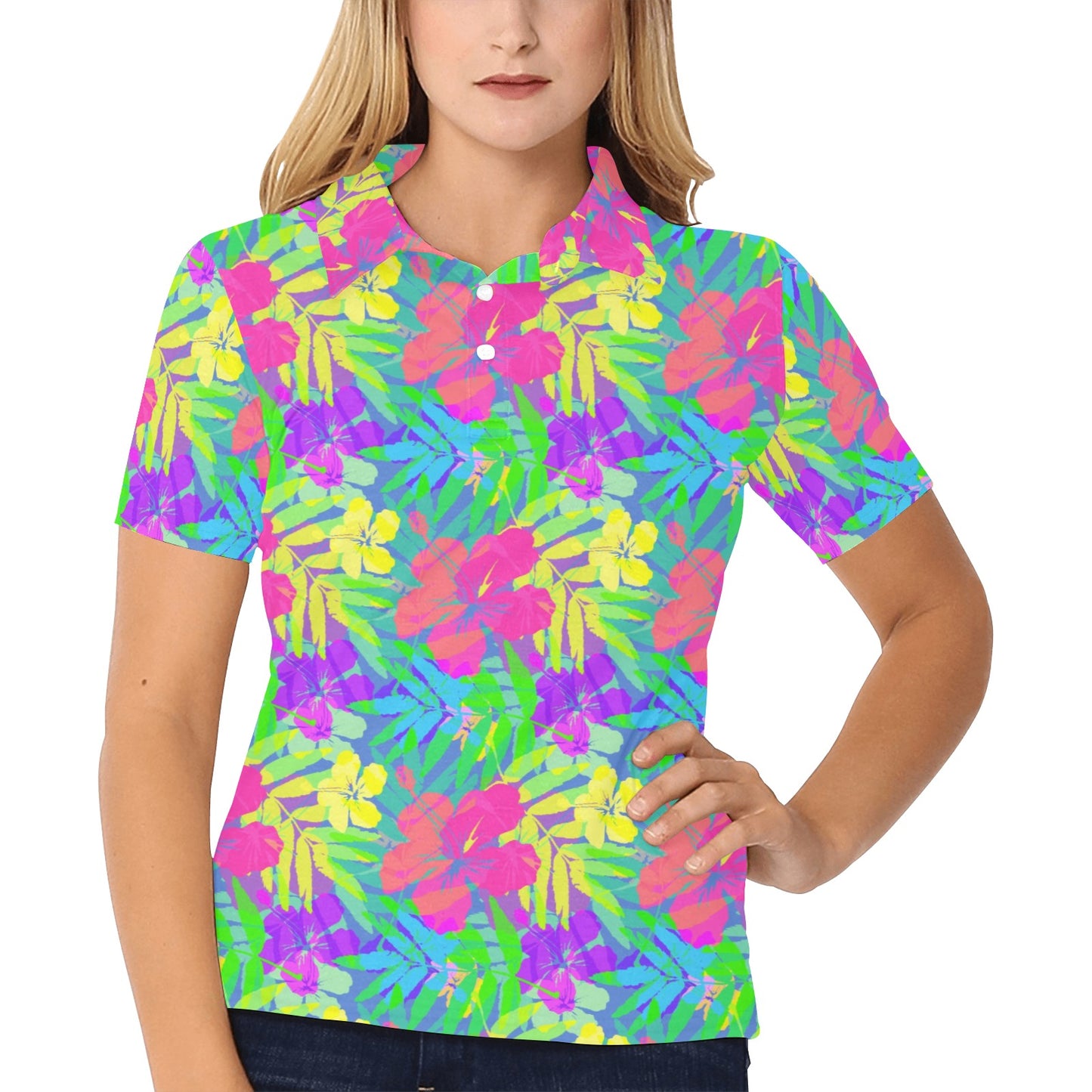 Neon Tropical Pattern Print Design A03 Women's Polo Shirt
