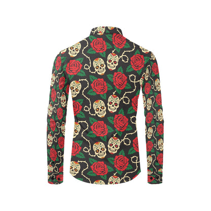 Sugar Skull Red Rose Print Design LKS301 Men's Long Sleeve Dress Shirt
