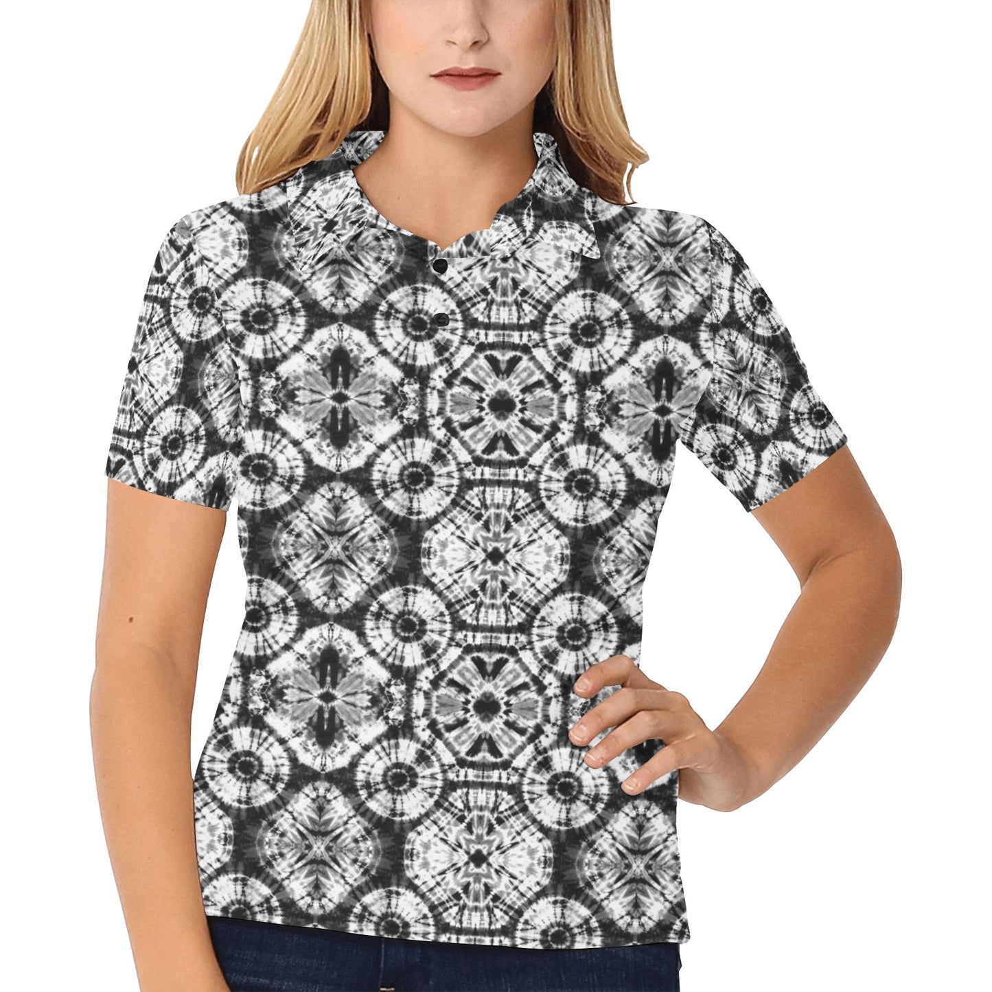 Tie Dye Black White Design Print Women's Polo Shirt