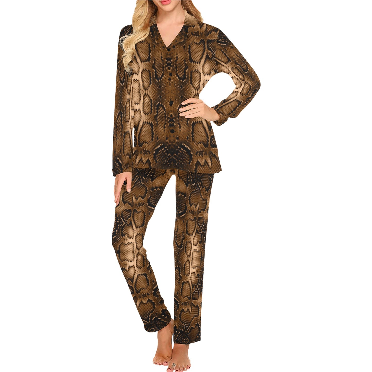 Snake Skin Brown Print Women's Long Pajama Set