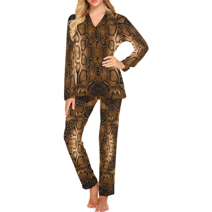 Snake Skin Brown Print Women's Long Pajama Set