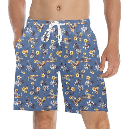 Hawaiian Flower Blue Print Men's Swim Trunks Beach Shorts