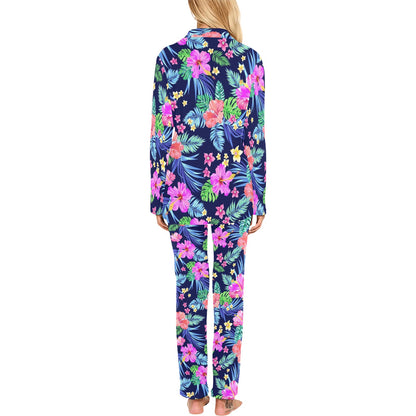 Neon Hibiscus Pattern Print Design HB016 Women's Long Pajama Set