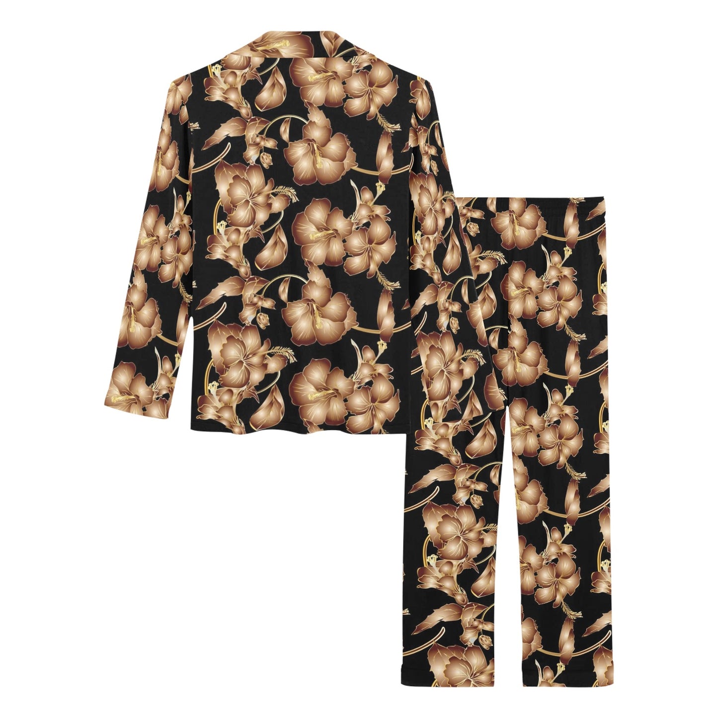 Brown Hibiscus Pattern Print Design HB06 Women's Long Pajama Set