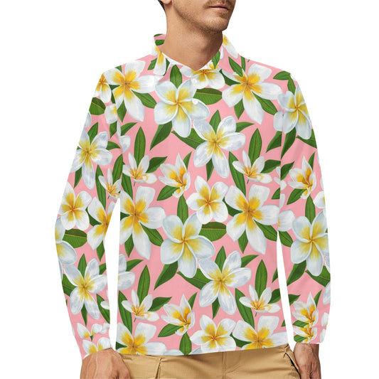 White Plumeria Pattern Print Design PM011 Long Sleeve Polo Shirt For Men's
