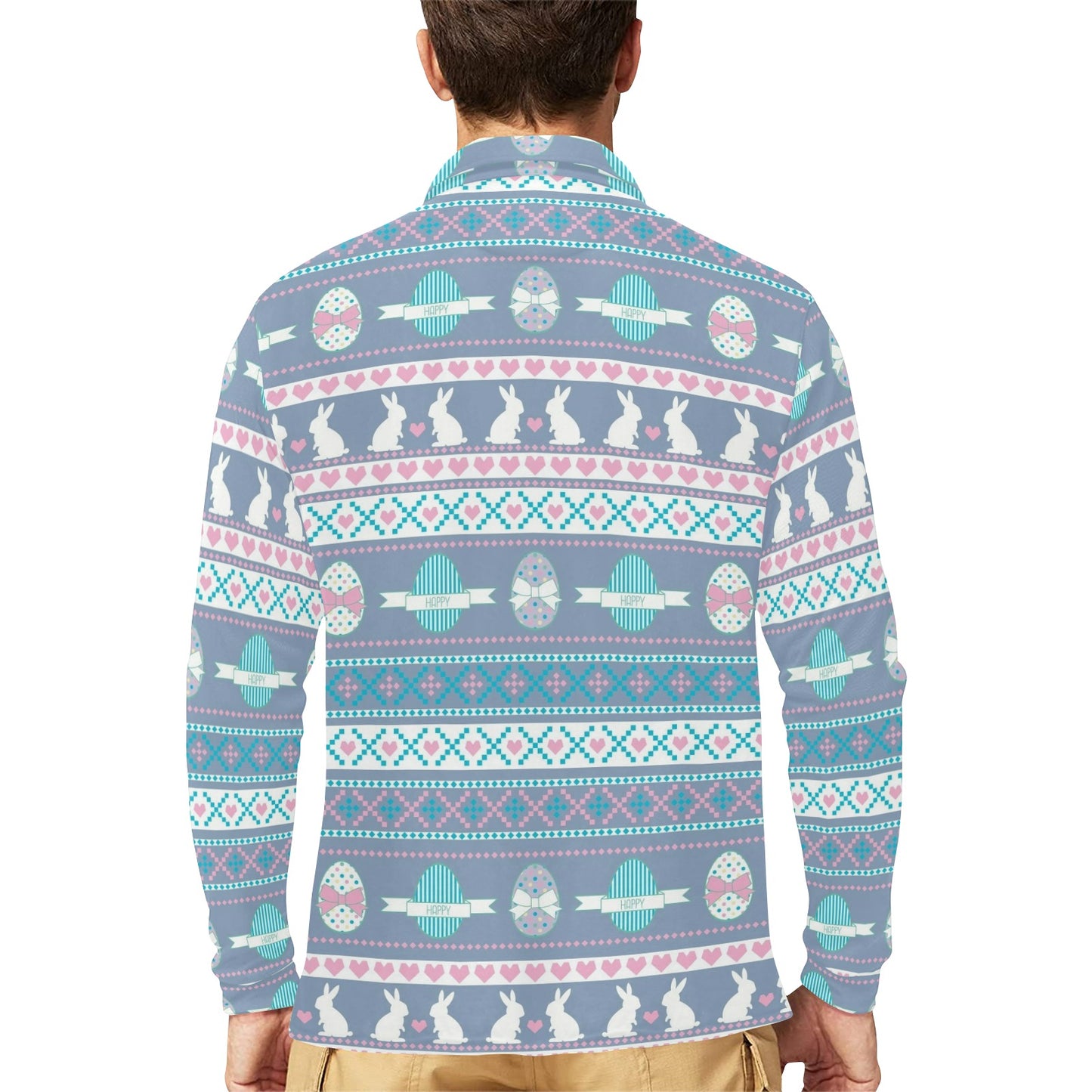 Easter Eggs Pattern Print Design RB013 Long Sleeve Polo Shirt For Men's