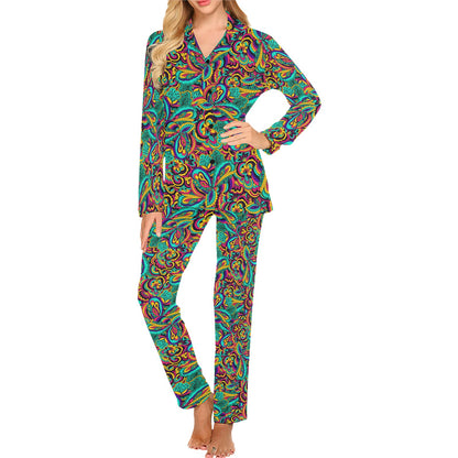 Psychedelic Trippy Floral Design Women's Long Pajama Set