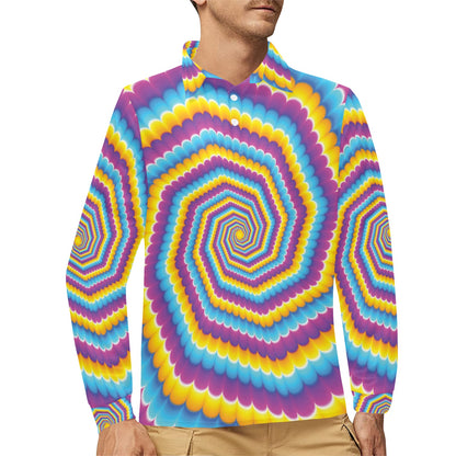 Optical illusion Pattern Print Design A04 Long Sleeve Polo Shirt For Men's