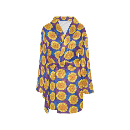 Sunflower Hand Drawn Style Print Women's Fleece Robe