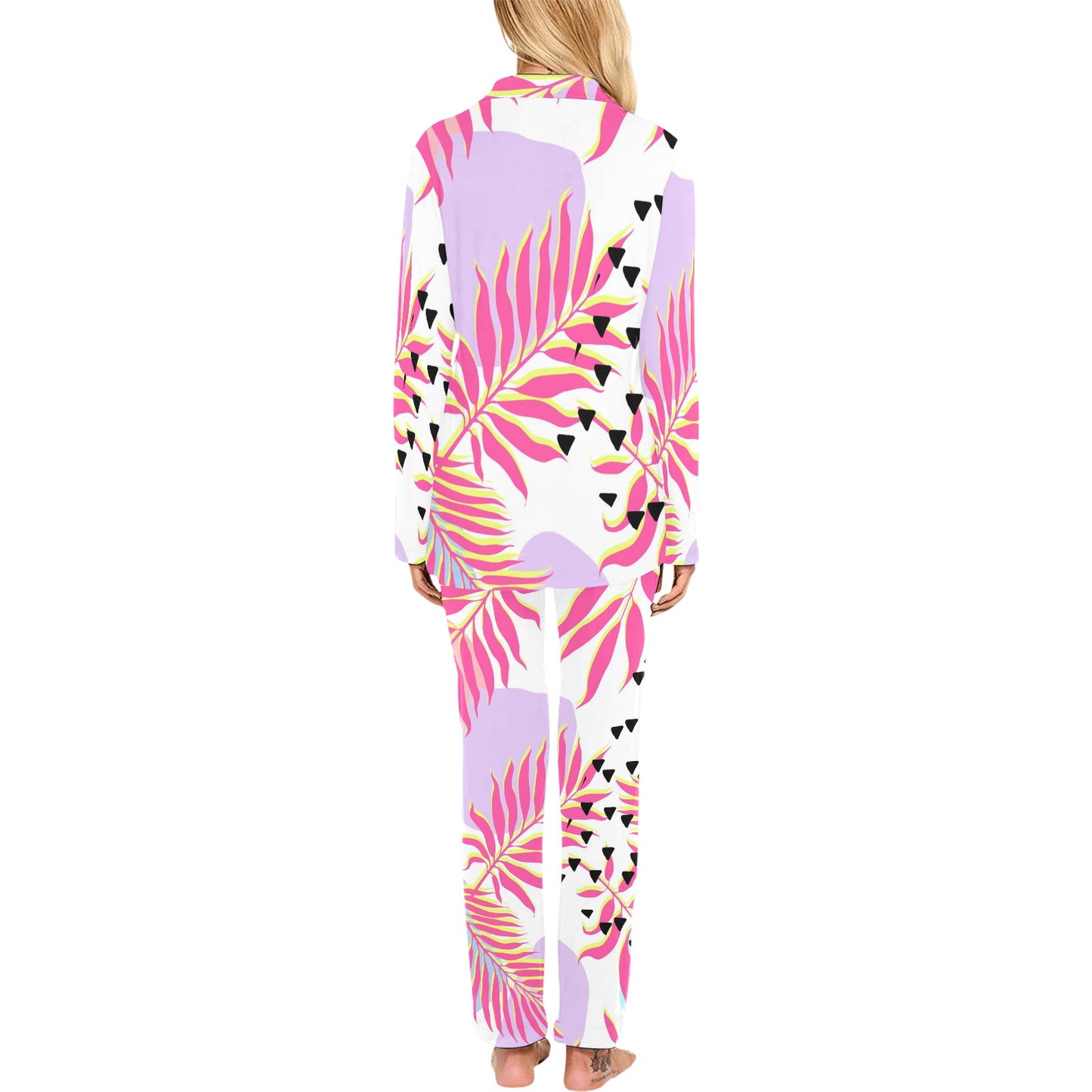 Pink Tropical Palm Leaves Women's Long Pajama Set