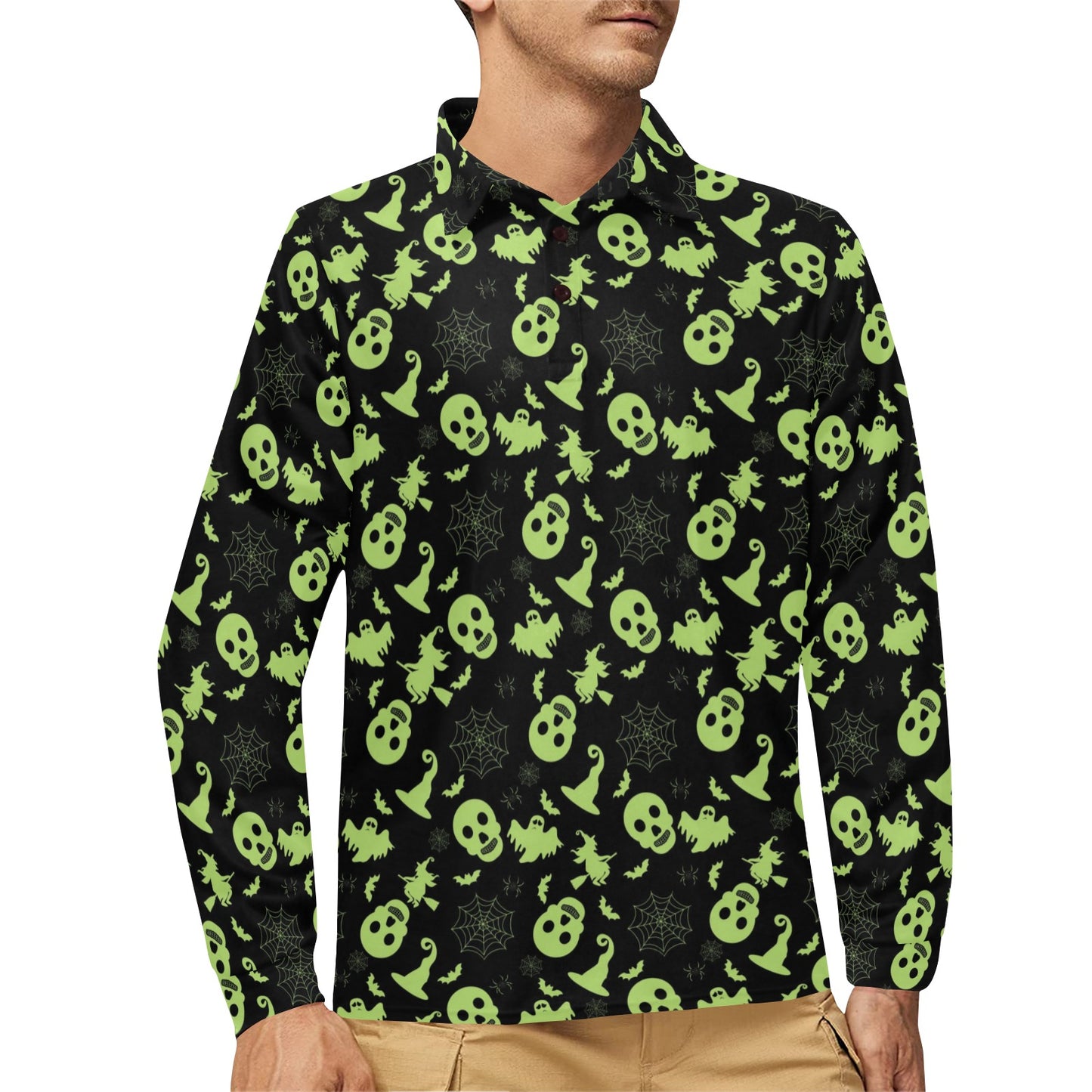 Witch Halloween Print Design LKS306 Long Sleeve Polo Shirt For Men's