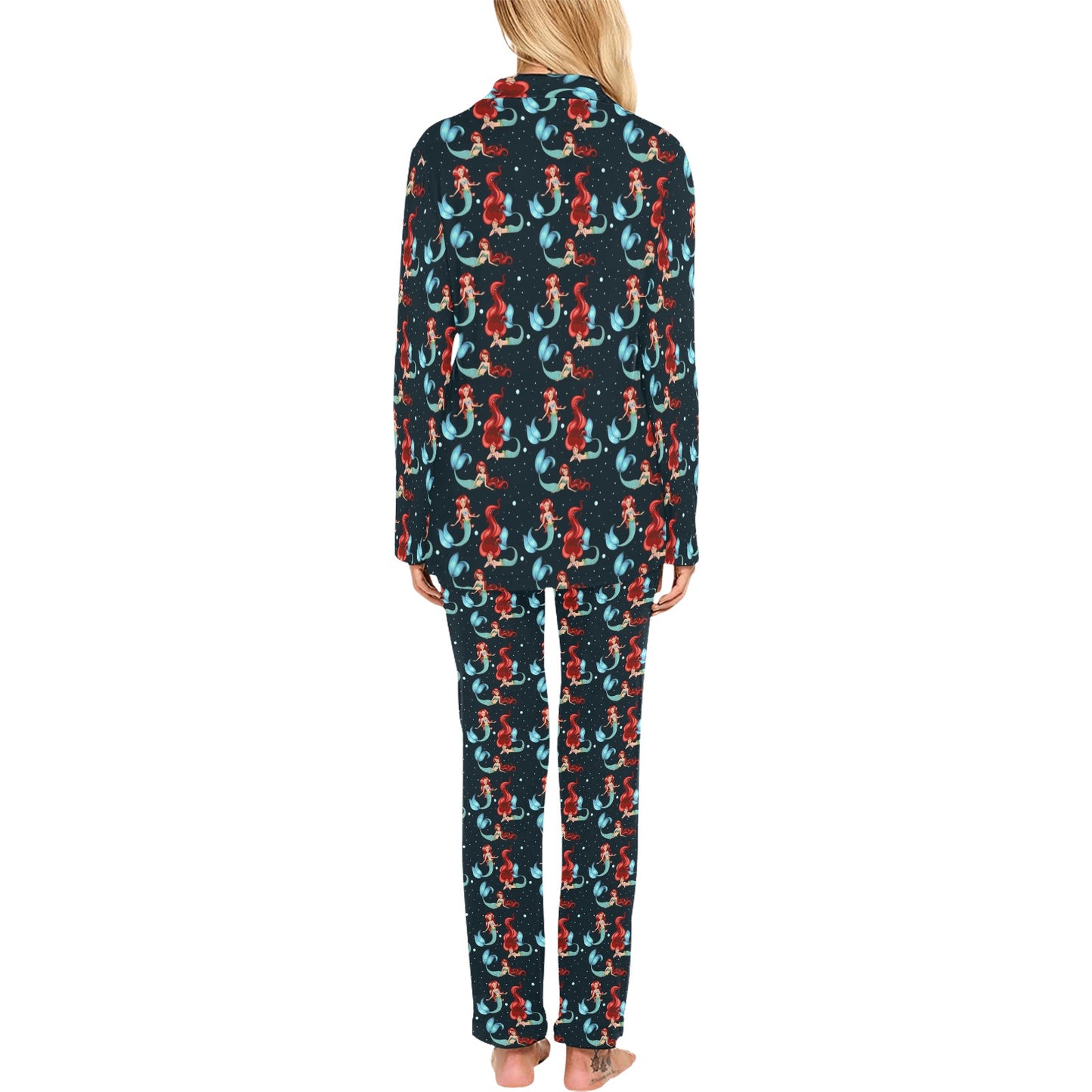 Mermaid Girl Themed Design Print Women's Long Pajama Set