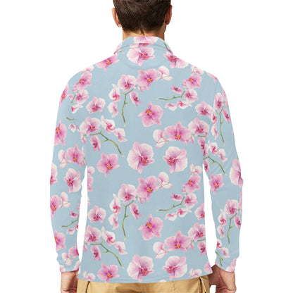 Orchid Pattern Print Design A01 Long Sleeve Polo Shirt For Men's