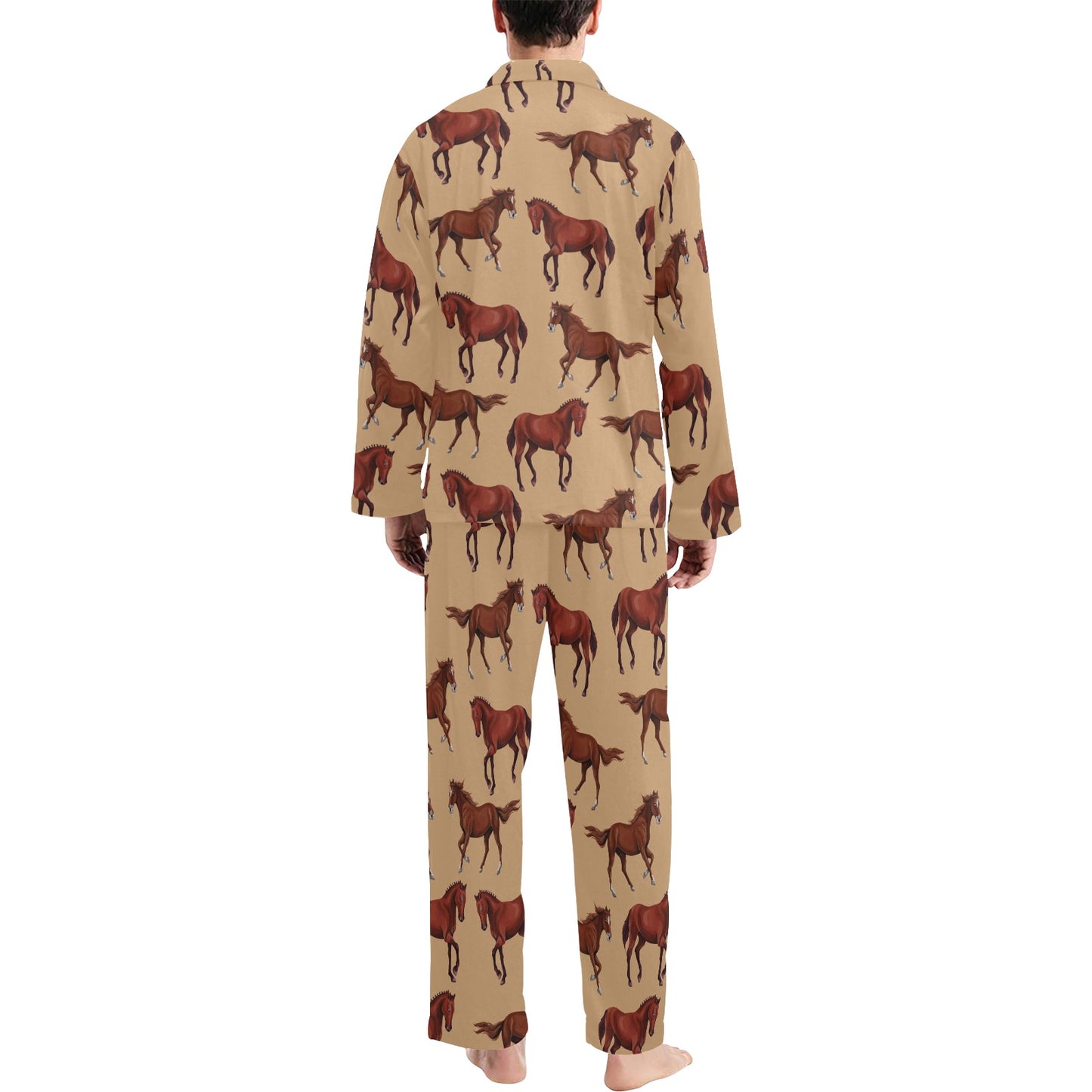 Brown Horse Print Pattern Men's Long Pajama Set