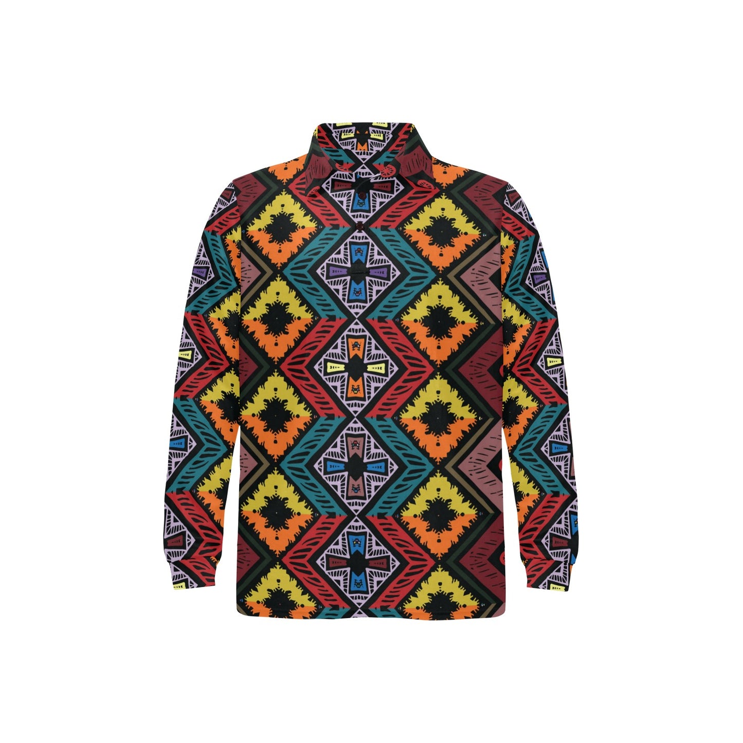 African Pattern Print Design 08 Long Sleeve Polo Shirt For Men's