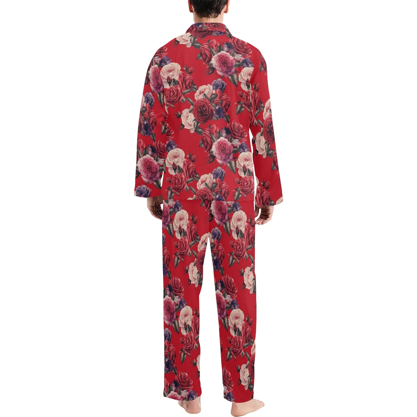 Rose Red Pattern Print Design RO07 Men's Long Pajama Set