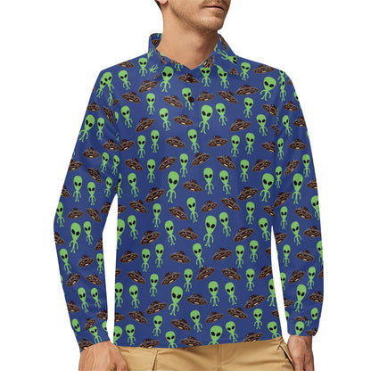Alien Green UFO Pattern Long Sleeve Polo Shirt For Men's