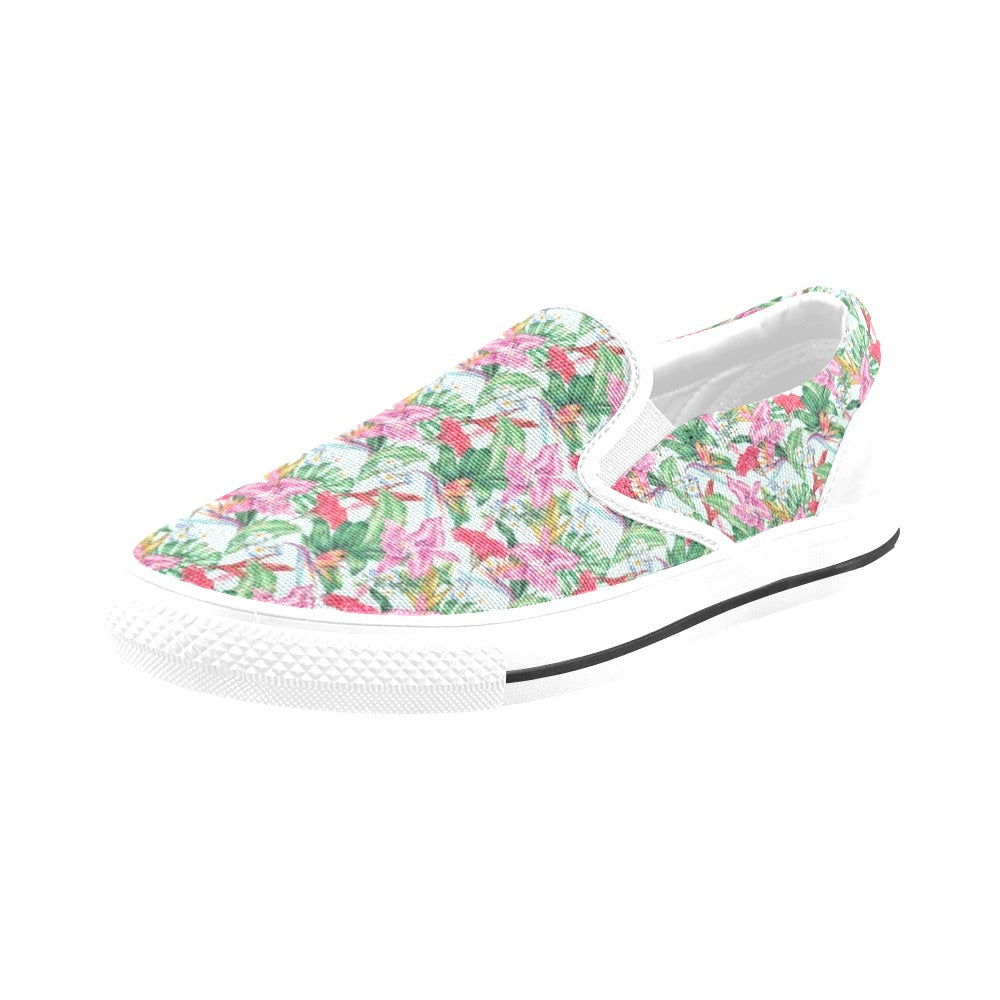 Tropical Flower Print Design LKS304 White Slip Ons Canvas Women's Shoes