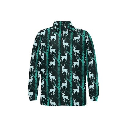 Deer Jungle Print Pattern Long Sleeve Polo Shirt For Men's