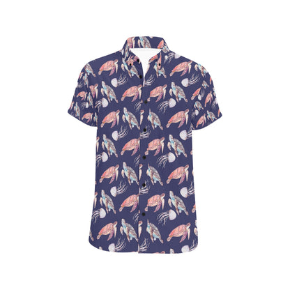 Sea Turtle With Jelly Fish Print Design LKS301 Men Short Sleeve Button Up Shirt
