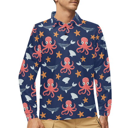 Octopus Pattern Print Design A04 Long Sleeve Polo Shirt For Men's