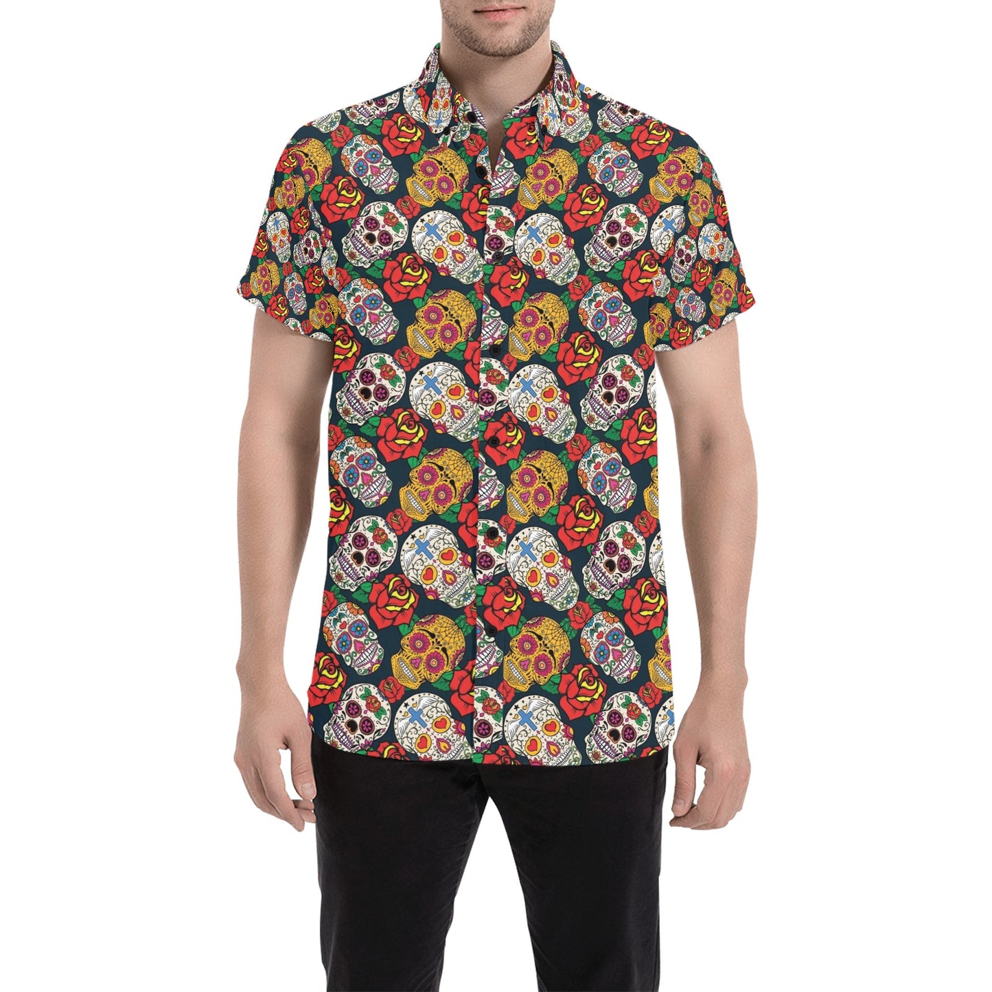 Sugar Skull Print Design LKS306 Men Short Sleeve Button Up Shirt