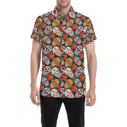 Sugar Skull Print Design LKS306 Men Short Sleeve Button Up Shirt