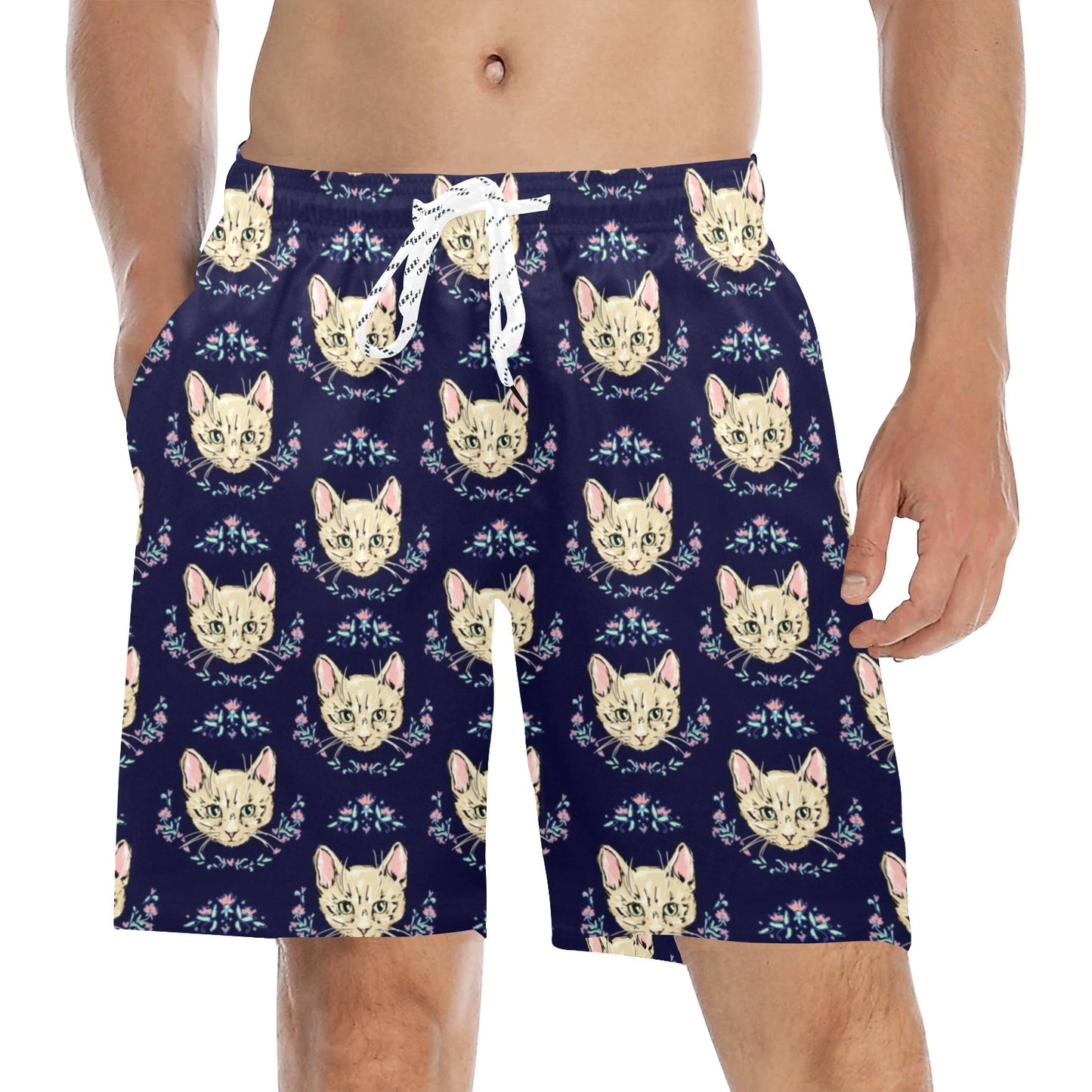 Cat Head with flower Print Pattern Men's Swim Trunks Beach Shorts